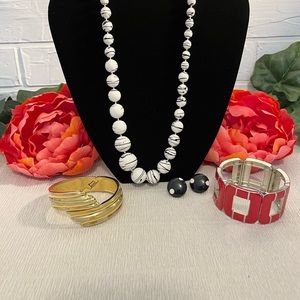 Necklace/earring set Black & white, gold bracelet, red bracelet. jewelry stash